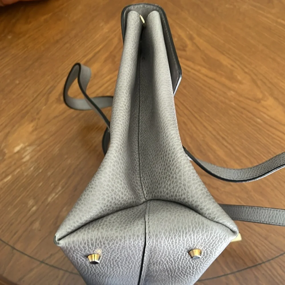 Innue Italian gray pebble leather structured satchel shoulder bag w/ gold clasp